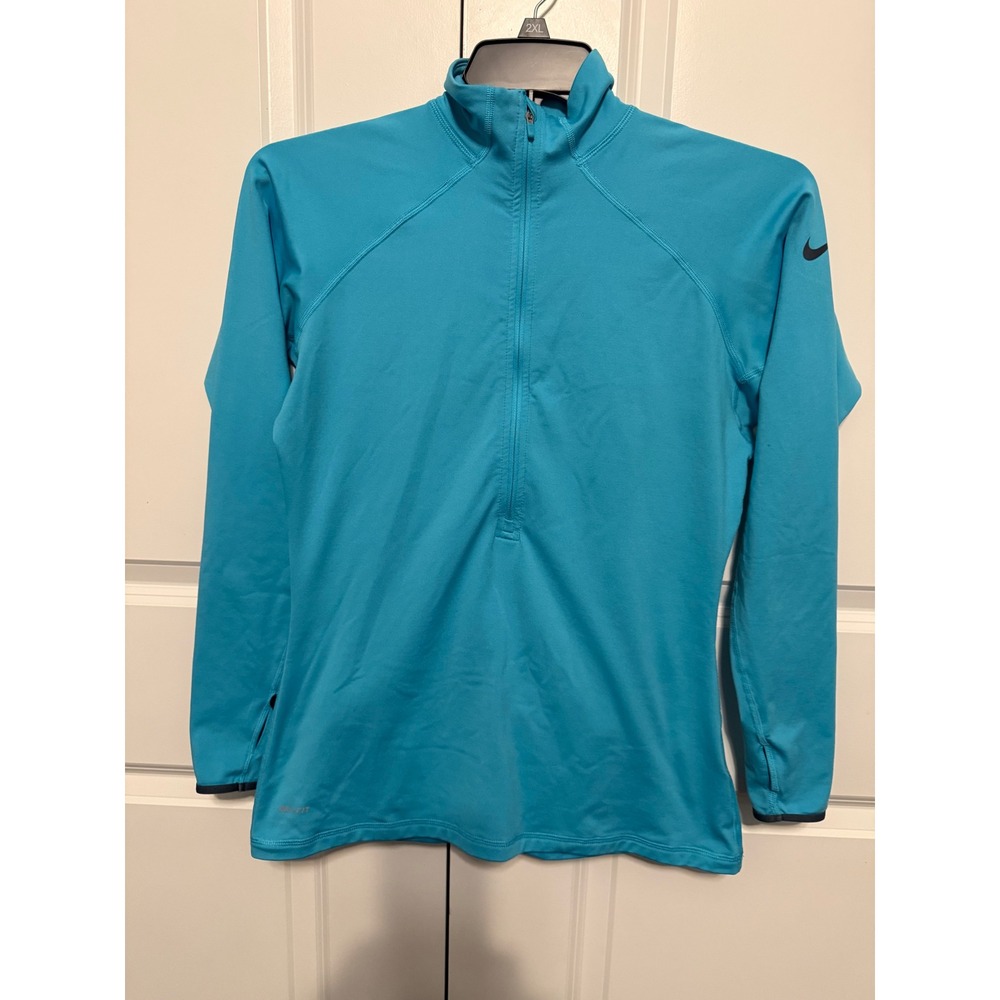 Nike Pro Dri-FIT Womens Quarter Zip Pullover Turquoise Blue Thumbhole Large